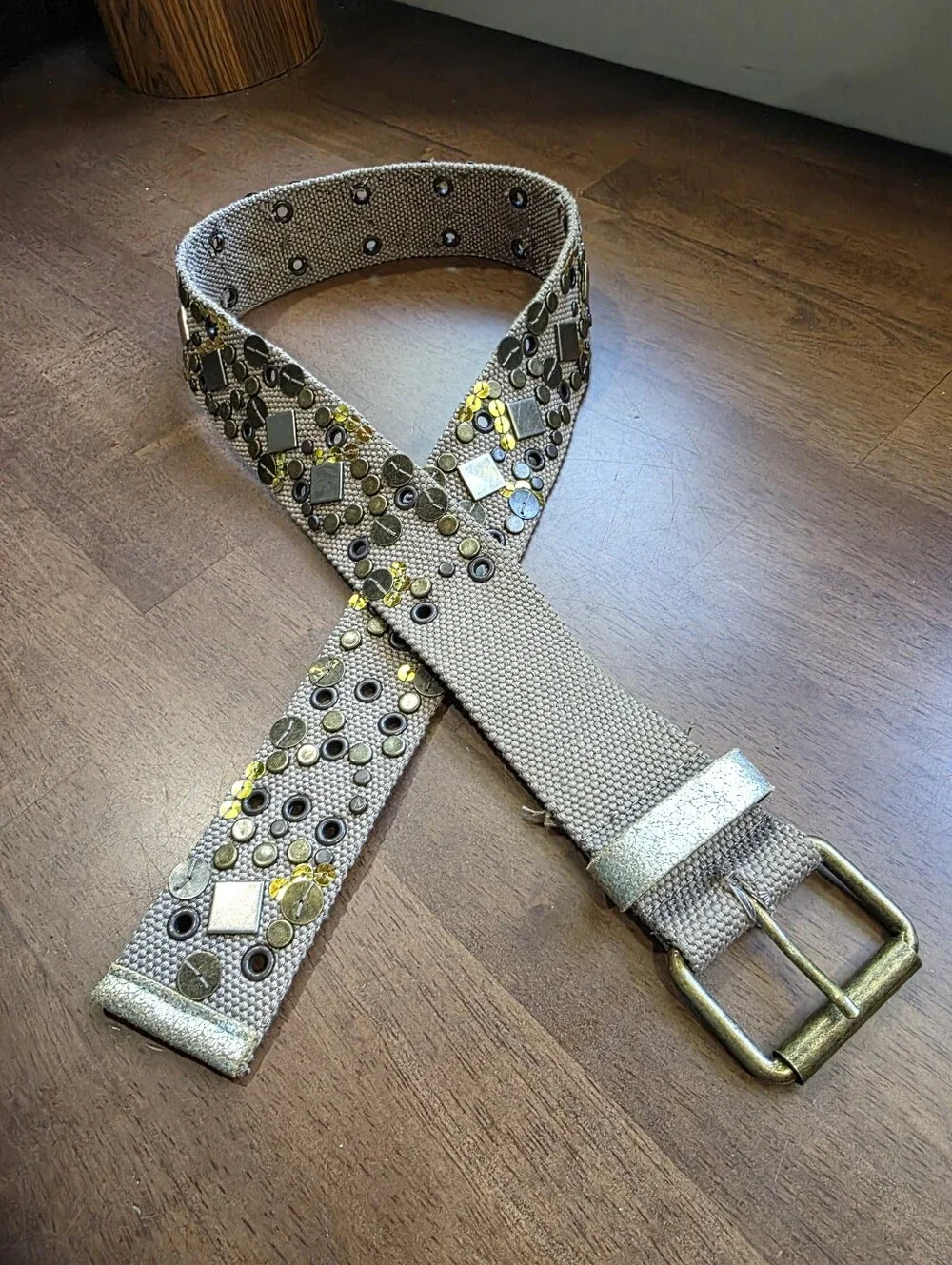 Boho Embellished Canvas Belt Taupe Brass Studded Sequin Size  S/M